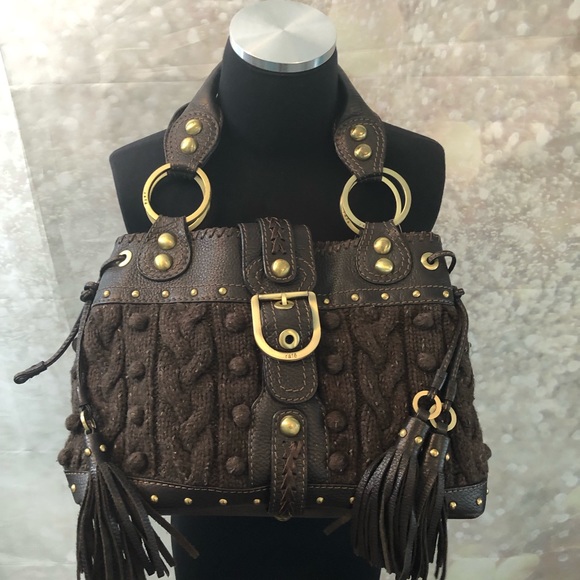 Rafe Handbags - Rafe Brown Sweater Cable Knit Leather Trim Bag